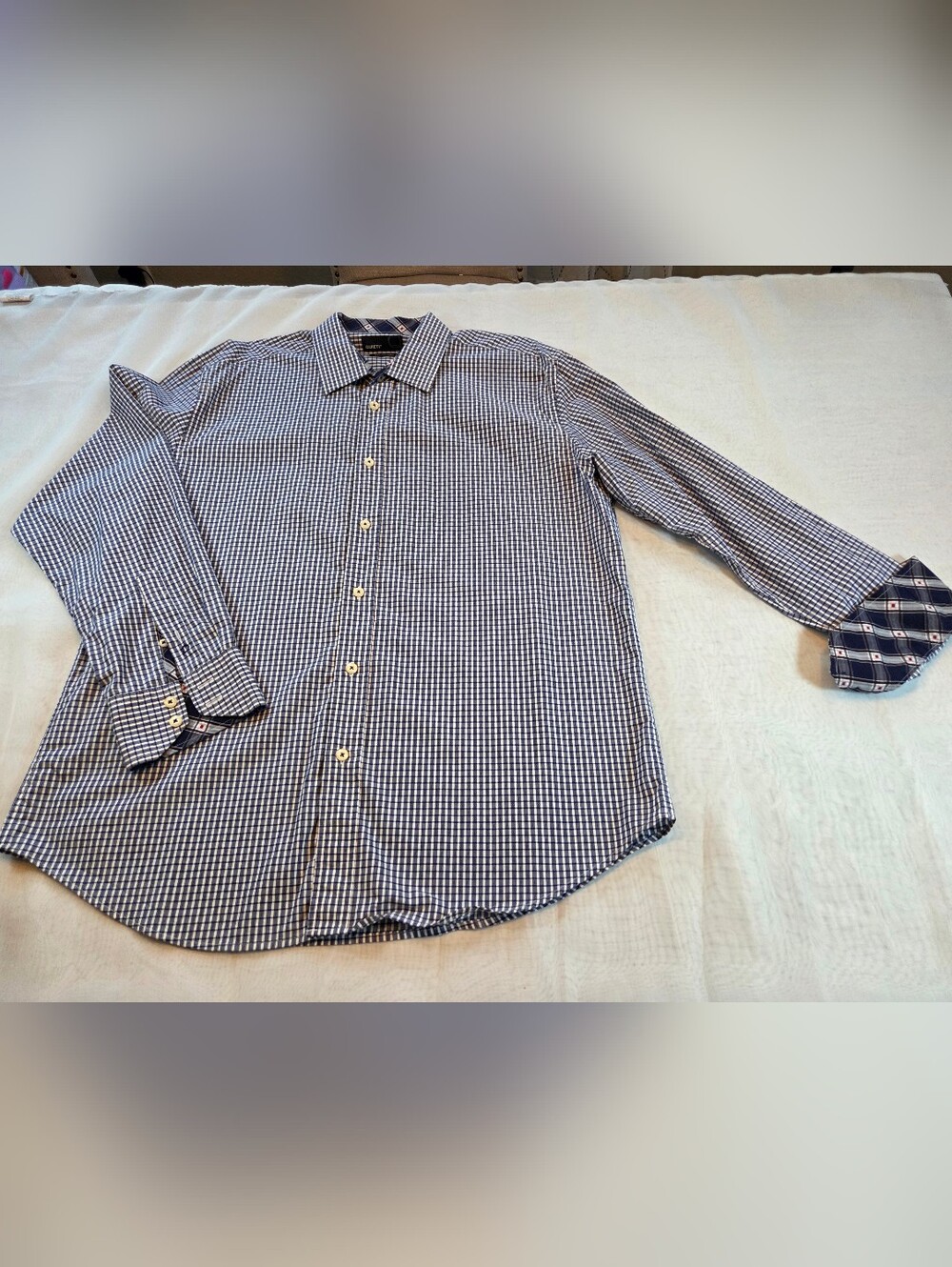 Men's Navy and White Check Dress Shirt with Contrast Cuff